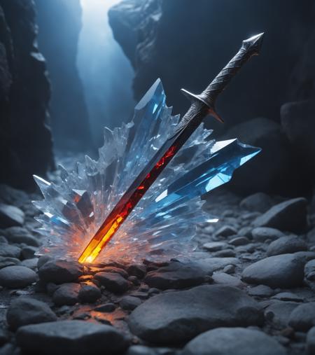 09508-3755597317-long exposure shot, Made_of_pieces_broken_glass transparent sculpture,King Arthur's sword is stuck in a stone, focus on a sword,.png